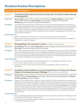 4
10 a.m. Breakout Sessions
Session 1.	 An Outcomes-Driven Research Doctorate in Education: The UMass Lowell Leadership
	 in Schooling Ed.D.
Presenters: 	 Stacy Szczesiul, Assistant Professor, Graduate School of Education; Michaela Colombo, Associate Professor,
Graduate School of Education; James Nehring, Assistant Professor, Graduate School of Education;
Phitsamay Uy, Assistant Professor, Graduate School of Education
Description:	 A presentation by program faculty, a panel discussion with current doctoral students, and an interactive exer-
cise to apply learning to participants’ work contexts will, altogether, demonstrate how doctoral- level outcomes
guide students through three carefully scaffolded phases in UMass Lowell’s Leadership in Schooling Ed.D. To
assure students’ achievement of program-level outcomes, this session will also describe the range of perfor-
mance assessments currently used such as portfolios, juried roundtables, qualifying papers, dissertations, and
traditional doctoral defenses.
Expected Outcomes:
1.	 Explain the performance assessments of an outcomes-driven research doctorate in education
2.	 Identify several ways in which performance assessments of the presented doctoral program may be adapted to
undergraduate or graduate programs
Session 2.	 Writing Redesign 101: Assessment in Action By Middlesex Community College
Presenters: 	 Kelsey Hellwig, Professor of English; Stanley Hitron, Professor of English and Chair of General Humanities;
Dona Cady, Associate Dean of Humanities and Asian Studies
Description:	 This interactive presentation will look at how institutional and departmental assessment of ISLOs at Middlesex
Community College have resulted in revision of pedagogy and redesigned curricula that embed student success
behaviors and writing skills in three innovative educational practices: an interdisciplinary Writing Coach initia-
tive, a vertical teaming partnership with local high schools, and an Accelerated Learning Program (ALP) pilot,
that mainstreams developmental writing students in Comp I courses.
Expected Outcomes:
1.	 Consider how to adapt guidelines the College has developed to revise pedagogy and redesign curricula
2.	 Review student assignments that assess critical thinking
3.	 Learn how new practices have enhanced students’ personal responsibility, affective behavior, and
writing skills
Session 3.	 Using Observational Methods to Assess Learning Outcomes in a Liberal Arts–Theater
	 Program: Overcoming Assessment Challenges By Northern Essex Community College
Presenters: 	 Susan Sanders, Professor, Coordinator of Theater and Technical Director for the Top Notch Players, Departments
of English and Theater; Ellen Wentland, Associate Dean, Educational and Institutional Effectiveness; Suzanne
Van Wert (Facilitator), Professor of English
Description:	 Programs such as Northern Essex Community College’s Liberal Arts: Theater Option pose an assessment chal-
lenge because theater majors with a sufficient number of credits to warrant assessment are scattered during any
particular term over a number of different courses. However, in the fall of 2011, seven majors, who all had taken
at least three theater classes, were involved in the NECC production of A Funny Thing Happened on the Way to
the Forum. This production provided an opportunity for faculty to: (a) use developed criteria to assess students
with respect to four learning outcomes associated with two program objectives – Communication Skills and
Knowledge of Theater: Theory and Practice and (b) inform program improvements and planning through as-
sessment results.
Expected Outcomes:
1.	 Use the methodology described to conduct learning outcomes assessments in programs with challenges similar
to that faced by the Liberal Arts: Theater Option
2.	 Use the results of the qualitative method to identify areas of strength and weakness and to use the information
to strengthen the program curricula
Breakout Session Descriptions
 