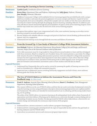 5
Session 4.	 Assessing the Learning in Service Learning By Middlesex Community College
Moderator:	 Cynthia Lynch, Coordinator of Service Learning
Panelists:	 Karen Oster, Department Chair and Professor, Performing Arts; Sally Quast, Professor, Chemistry;
Jane Murphy, Instructor, Education
Description:	 Middlesex Community College’s well-established Service Learning program has provided faculty with a unique
platform to reinforce and assess the practical application of course concepts and theories. A panel of service-
learning faculty, from across disciplines, will provide examples and case studies on how they assess educational
outcomes for student learning through the pedagogy of service-learning, including reflection. In addition, pan-
elists will discuss lessons learned through the perceived failure of aspects of the service-learning program review
and the ways results were used to alter the direction of the service-learning program.
Expected Outcomes:
1.	 Recognize that academic rigor is not compromised and, in fact, more authentic learning occurs when service-
learning is properly executed and assessed
2.	 Become familiar with valuable reflective strategies and practices that foster critical thinking, professional devel-
opment, and civic engagement
3.	 Understand how learning occurs through both the successes and failures of assessment
Session 5.	 From the Ground Up: A Case Study of MassArt’s College-Wide Assessment Initiative
Presenter: 	 Lois Hetland, Professor, Art Education Department, Massachusetts College of Art and Design, and Research
Associate, Project Zero at the Harvard Graduate School of Education
Description:	 To be valid, assessment must be: (1) grounded in what professors intend students to learn and then (2) aligned
with those intentions. Based on using four sets of analytic lenses, this session presents a case study of a college-
wide initiative focused on developing valid assessment practices. Learn how MassArt’s college-wide assessment
initiative has led to agreement about what departments want their students to learn, about what the College
overall wants its students to learn, and about forthcoming work to define aligned course–level goals. Future
plans for formative and summative assessments used to review student work will also be shared.
Expected Outcomes:
1.	 Understand four frameworks that can be used as criteria for assessing the quality of learning outcomes to be
used as a foundation for college-wide assessment practices
2.	 Appreciate how a collaborative process involving full faculty engagement can lead to better, more authentic
learning goals that faculty also value
Session 6.	 The Use of VALUE Rubrics to Inform the Assessment Process and Close the
	 Feedback Loop By UMass Lowell
Presenters: 	 Frank E. Andrews, Associate Dean, Manning School of Business; Stuart C. Freedman, Chair, Management
Department, Manning School of Business
Description:	 This session will focus on the use of VALUE rubrics and how they are used to articulate fundamental criteria for
a specific learning outcome using performance descriptors demonstrating progressively more sophisticated lev-
els of attainment. The rubrics are intended for institutional-level use in evaluating and discussing student learn-
ing, not for grading.
	 The utility of the VALUE rubrics is to position learning at all undergraduate levels within a basic framework of
expectations such that evidence of learning can by shared across a university through a common dialog and un-
derstanding of student success. Further, the data generated by VALUE rubrics help indicate a direction for cur-
riculum change and ultimately the continuous improvement of the program.
Expected Outcomes:
1.	 Understand how a mission statement is used to inform a program’s learning goals
2.	 Understand how a learning goal is developed with the input of responsible faculty and how that goal leads to
learning indicators and the VALUE rubric
3.	 Learn about our assessment process and continuous program improvement.
 
