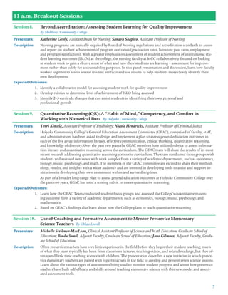 7
11 a.m. Breakout Sessions
Session 8.	 Beyond Accreditation: Assessing Student Learning for Quality Improvement
	 By Middlesex Community College
Presenters: 	 Katherine Gehly, Assistant Dean for Nursing; Sandra Shapiro, Assistant Professor of Nursing
Description:	 Nursing programs are annually required by Board of Nursing regulations and accreditation standards to assess
and report on student achievement of program outcomes (graduation rates, licensure pass rates, employment
and program satisfaction). With a greater emphasis on assessment of student achievement of institutional stu-
dent learning outcomes (ISLOs) at the college, the nursing faculty at MCC collaboratively focused on looking
at student work to gain a clearer sense of what and how their students are learning – assessment for improve-
ment rather than solely for accountability purposes. In this panel presentation and discussion, learn how faculty
worked together to assess several student artifacts and use results to help students more clearly identify their
own development.
Expected Outcomes:
1.	 Identify a collaborative model for assessing student work for quality improvement
2.	 Develop rubrics to determine level of achievement of ISLO being assessed
3.	 Identify 2–3 curricula changes that can assist students in identifying their own personal and
professional growth
Session 9.	 Quantitative Reasoning (QR): A “Habit of Mind,” Competency, and Comfort in
	 Working with Numerical Data By Holyoke Community College
Presenters: 	 Terri Kinstle, Associate Professor of Psychology; Nicole Hendricks, Assistant Professor of Criminal Justice
Description:	 Holyoke Community College’s General Education Assessment Committee (GEAC), comprised of faculty, staff,
and administration, has been asked to design and implement a plan to assess general education outcomes in
each of the five areas: information literacy, effective communication, critical thinking, quantitative reasoning,
and knowledge of diversity. Over the past two years the GEAC members have utilized rubrics to assess informa-
tion literacy and quantitative reasoning across the curriculum. The GEAC team will share the results of its most
recent research addressing quantitative reasoning across the curriculum. The team conducted focus groups with
students and assessed outcomes with work samples from a variety of academic departments, such as economics,
biology, music, psychology, and math. The members of the GEAC committee are excited to share their method-
ology, results, and insights with a wider audience and are invested in developing tools to assist and support in-
stitutions in developing their own assessment within and across disciplines.
	 As part of a broader long-range plan to assess general education outcomes at Holyoke Community College over
the past two years, GEAC has used a scoring rubric to assess quantitative reasoning.
Expected Outcomes:
1.	 Learn how the GEAC Team conducted student focus groups and assessed the College’s quantitative reason-
ing outcome from a variety of academic departments, such as economics, biology, music, psychology, and
mathematics
2.	 Based on GEAC’s findings also learn about how the College plans to teach quantitative reasoning
Session 10.	 Use of Coaching and Formative Assessment to Mentor Preservice Elementary
	 Science Teachers By UMass Lowell
Presenters: 	 Michelle Scribner-MacLean, Clinical Assistant Professor of Science and Math Education, Graduate School of
Education; Bindu Sunil, Adjunct Faculty, Graduate School of Education; Jane Gilmore, Adjunct Faculty, Gradu-
ate School of Education
Description:	 Often preservice teachers have very little experience in the field before they begin their student teaching; much
of what they learn typically has been from classroom lectures, teaching videos, and related readings, but they of-
ten spend little time teaching science with children. The presentation describes a new initiative in which preser-
vice elementary teachers are paired with expert teachers in the field to develop and present seven science lessons.
Learn about the various types of assessments being used to monitor student progress and about how preservice
teachers have built self-efficacy and skills around teaching elementary science with this new model and associ-
ated assessment tools.
 