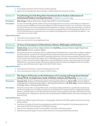 8
Expected Outcomes:
1.	 Use multiple assessment tools to monitor student learning
2.	 Appreciate how pairing with experts develops a solid foundation for preservice teachers
Session 11.	 Transforming Gen Ed: Being More Intentional about Student Achievement of
	 Institutional Student Learning Outcomes By Middlesex Community College
Presenters: 	 John Savage, Professor of Chemistry, Faculty Chair of MCC’s Gen Ed Committee
Description:	 To more intentionally provide students with increased opportunities to practice and develop our institution’s
Gen Ed outcomes, Middlesex Community College’s Gen Ed Committee revised its core curriculum. One reason
for this revision was our recent institutional-level assessment of students’ writing, demonstrating to us that our
graduating students were not the proficient writers that we expected them to be and pointing out that our cur-
rent Gen Ed distribution requirements were not sufficient for building these essential skills and abilities—“one
course does not a writer make.”
Expected Outcomes:
1.	 Learn about our assessment results
2.	 Review our new Gen Ed course application form
Session 12.	 32 Years of Assessment at UMass Boston: History, Philosophy and Structure
Presenters: 	 Pamela Annas, Associate Dean, College of Liberal Arts; Neal Bruss, Associate Professor, English Department;
Mark Pawlak, Director, Academic Support
Description:	 The learning outcomes assessment system at UMass Boston developed from concerns about students’ readiness
for advanced work. A junior-level writing proficiency requirement instituted in 1979 set the stage for general
education reform, including a quantitative reasoning requirement, first-year and intermediate seminars overseen
by the university but based in the majors, and a culminating capstone project. Assessment of the first-year expe-
rience is robust, and each academic department is now developing an outcomes assessment plan for its majors.
UMass Boston’s assessment system will be presented from historical, political, pedagogical and structural per-
spectives, and will be discussed in light of the LEAP VALUE rubrics.
Expected Outcomes:
1.	 Learn about the University’s current assessment practices in GE
2.	 View current practices within the Context of VALUE rubrics
Session 13.	 The Impact of Diversity on the Performance of a Learning and Integration-Oriented
	 Group Work: An Exploratory Study of Market Analysis and Planning By UMass Lowell
Presenters: 	 Eunsang Yoon, Professor of Marketing, Robert J. Manning School of Business; Steven Tello, Associate Professor
of Management  Entrepreneurship, Robert J. Manning School of Business; M. Berk Talay, Assistant Professor of
Marketing, Robert J. Manning School of Business
Description:	 Research on the benefits of, and problems with, team-based teaching methods has significantly increased over
the last two decades since the ability of students to work effectively in teams has become a highly desired skill.
However, scholarly inquiry on the link between the diversity of group members and team performance has been
surprisingly scarce. Using data on diversity and team performance of MBA students, this session attempts to ad-
dress this void.
Expected Outcomes:
1.	 Explore how different types of diversity (i.e., demographic and functional) affect quality of interaction among
group members
2.	 Learn how the quality of interaction among group members drives the quality of: (a) the group project and,
more importantly, (b) the learning of individuals in a group
3.	 Discover how individual member’s learning affects the quality of the group project
4.	 Identify the potential impact of team member diversity on teaching method and curriculum
 