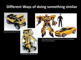 Different Ways of doing something similar




http://www.ericalbrecht.com




                                                            http://www.julianaheng.com/transformers-rotf-bumblebee-
                                                            and-sam-action-figures/




                              http://www.ericalbrecht.com
 
