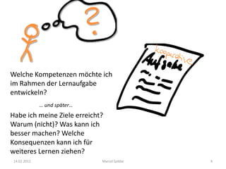 Welche Kompetenzen möchte ich
im Rahmen der Lernaufgabe
entwickeln?
              … und später…
Habe ich meine Ziele erreicht?
Warum (nicht)? Was kann ich
besser machen? Welche
Konsequenzen kann ich für
weiteres Lernen ziehen?
 14.02.2012                   Marcel Gebbe   4
 