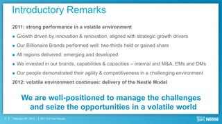 Introductory Remarks
    2011: strong performance in a volatile environment
       Growth driven by innovation & renovation, aligned with strategic growth drivers
       Our Billionaire Brands performed well: two-thirds held or gained share
       All regions delivered: emerging and developed
       We invested in our brands, capabilities & capacities – internal and M&A, EMs and DMs
       Our people demonstrated their agility & competitiveness in a challenging environment
    2012: volatile environment continues: delivery of the Nestlé Model


           We are well-positioned to manage the challenges
            and seize the opportunities in a volatile world
2   February 16th, 2012   2011 Full Year Results
 