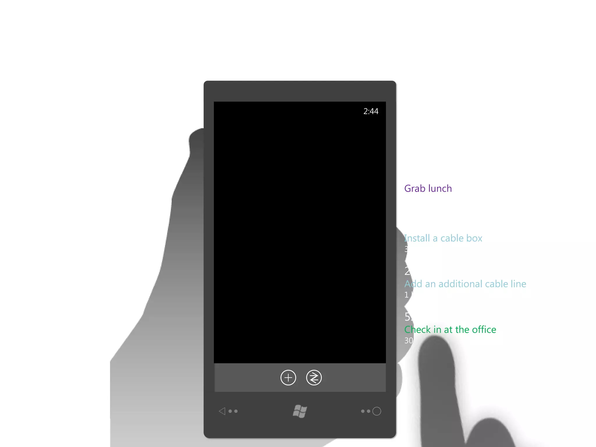 2:44
       FABRIKAM FIBER

       agenda
       11:00 AM
       Grab lunch
       2 hours (Paradise)


       2:00 PM
       Install a cable box
       30 minutes (Kirkland)

       2:45 PM
       Add an additional cable line
       1 hour (Lake Washington)

       5:00 PM
       Check in at the office
       30 minutes (Seattle)
 