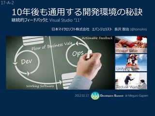 10年後も通用する開発環境の秘訣
継続的フィードバックと Visual Studio “11”

                    日本マイクロソフト株式会社 エバンジェリスト 長沢 智治 (@tomohn)

                                  Actionable Feedback



                                                        Flow of Value



                                                        Unifying Team



      Working Software                                  Reduce Waste

                             2012.02.17,                     at Meguro Gajoen
 