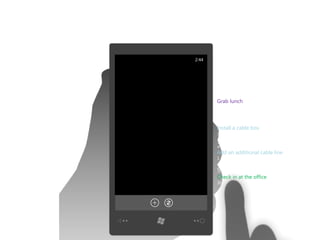 2:44
       FABRIKAM FIBER

       agenda
       11:00 AM
       Grab lunch
       2 hours (Paradise)


       2:00 PM
       Install a cable box
       30 minutes (Kirkland)

       2:45 PM
       Add an additional cable line
       1 hour (Lake Washington)

       5:00 PM
       Check in at the office
       30 minutes (Seattle)
 