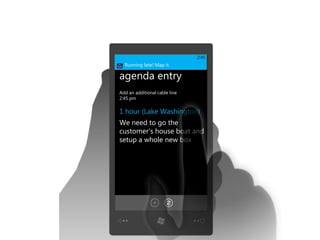 2:45
                               2:45
FABRIKAM FIBER Map it.
  Running late!

agenda entry
Add an additional cable line
2:45 pm

1 hour (Lake Washington)
We need to go the
customer’s house boat and
setup a whole new box
 