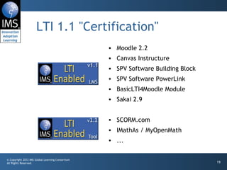 LTI 1.1 "Certification" Moodle 2.2 Canvas Instructure SPV Software Building Block SPV Software PowerLink BasicLTI4Moodle Module Sakai 2.9 SCORM.com IMathAs / MyOpenMath ... 
