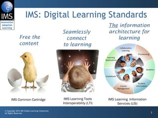 IMS: Digital Learning Standards Free the content IMS Common Cartridge Seamlessly connect  to learning IMS Learning Tools Interoperability (LTI) The  information architecture for learning IMS Learning  Information Services (LIS) 