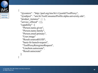 { "@context" : "http://purl.org/ims/lti/v1/jsonld/ToolProxy", "@subject" : "urn:lti:ToolConsumerProfile:alpha.university.edu", "product_instance" : {  }, "service_offered" : [ ], "capability" : [  "Person.name.given", "Person.name.family", "Person.email.primary", "User.image" "Result.sourcedGUID", "basic-lti-launch-request", "ToolProxyReregisterRequest", "LineItem.autocreate", "Result.autocreate" ] } 