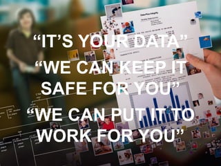 “IT’S YOUR DATA”
       “WE CAN KEEP IT
        SAFE FOR YOU”
      “WE CAN PUT IT TO
       WORK FOR YOU”
@marcedavis   Marc Davis   http://marcdavis.me
 