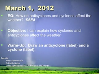 March 1,  2012 EQ:  How do anticyclones and cyclones affect the weather?  S6E4 Objective:  I can explain how cyclones and anticyclones affect the weather. Warm-Up:  Draw an anticyclone (label) and a cyclone (label). Agenda EQ/I can/Warm-Up Foldable Notes Class work/Homework:  Air Masses and Fronts 