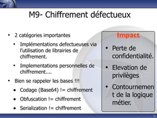 M9- Chiffrement défectueux

• 2 catégories importantes                Impact
  • Implémentations defectueuses via
     l’utilisation de librairies de    • Perte de
     chiffrement.                        confidentialité.
  • Implementations personnelles de    • Elevation de
     chiffrement....
                                         privilèges
• Bien se rappeler les bases !!!
  • Codage (Base64) != chiffrement     • Contournemen
                                         t de la logique
  • Obfuscation != chiffrement
                                         métier.
  • Serialization != chiffrement
                                                           35
 