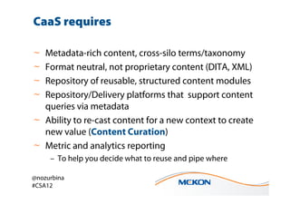 CaaS requires

~ Metadata-rich content, cross-silo terms/taxonomy
~ Format neutral, not proprietary content (DITA, XML)
~ ...