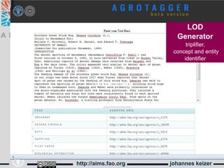 LOD
                        Generator
                            triplifier,
                       concept and entity
                           identifier



      LOD Generator




http://aims.fao.org   johannes keizer
 