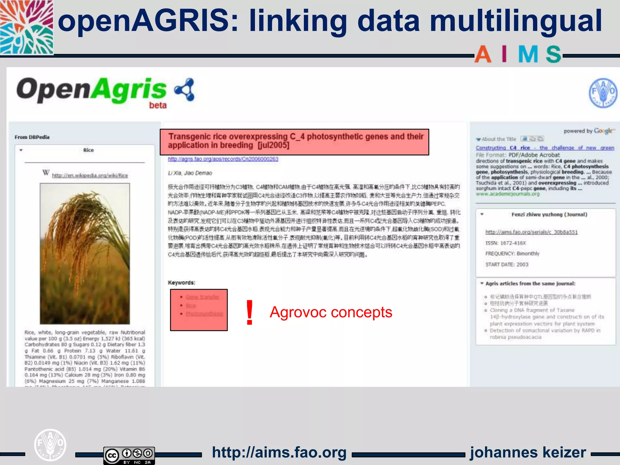 openAGRIS: linking data multilingual




              !   Agrovoc concepts




          http://aims.fao.org        johannes keizer
 
