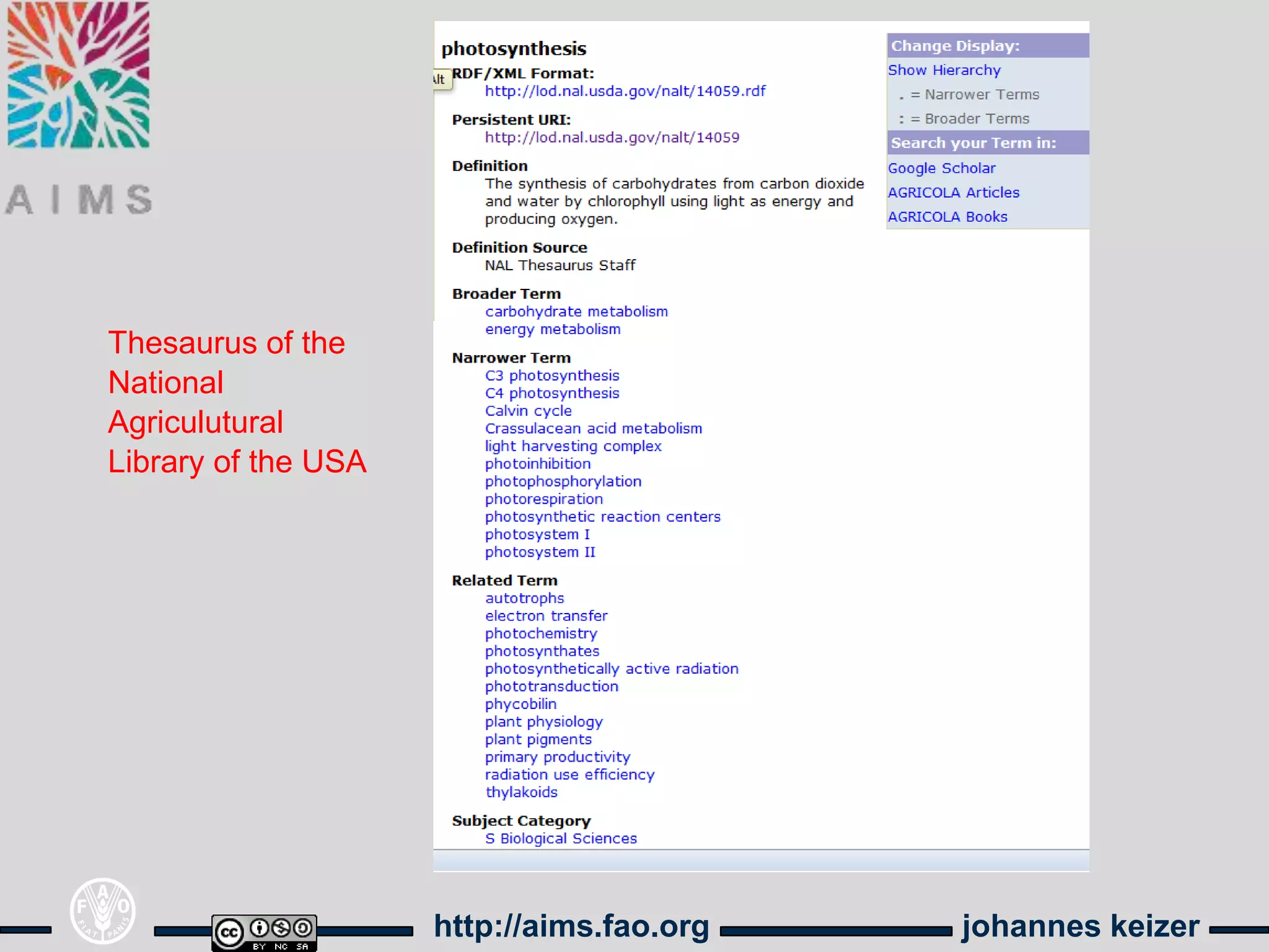 Thesaurus of the
National
Agriculutural
Library of the USA




                     http://aims.fao.org   johannes keizer
 