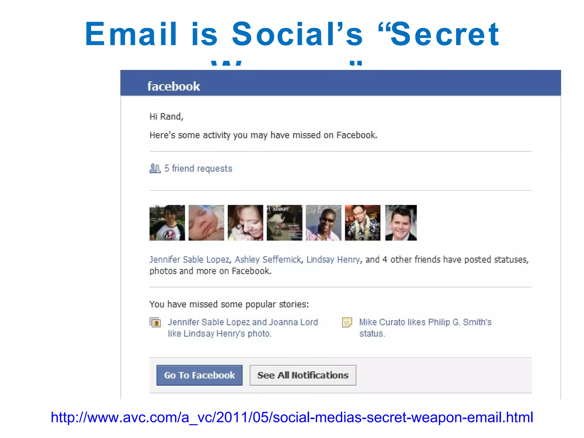 Email is Social ’s “Secret Weapon”  http://www.avc.com/a_vc/2011/05/social-medias-secret-weapon-email.html 