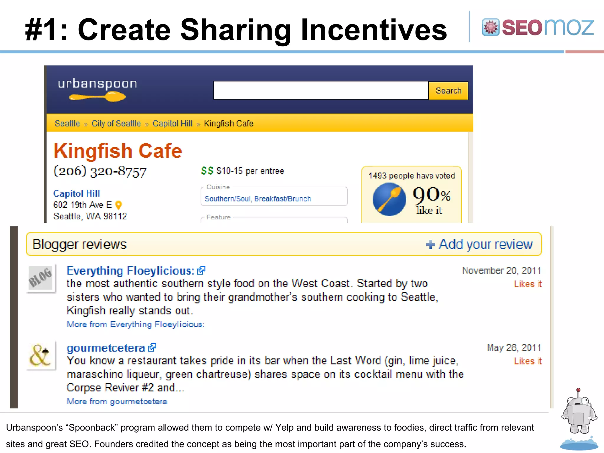R #1: Create Sharing Incentives Urbanspoon ’s “Spoonback” program allowed them to compete w/ Yelp and build awareness to foodies, direct traffic from relevant sites and great SEO. Founders credited the concept as being the most important part of the company’s success. 