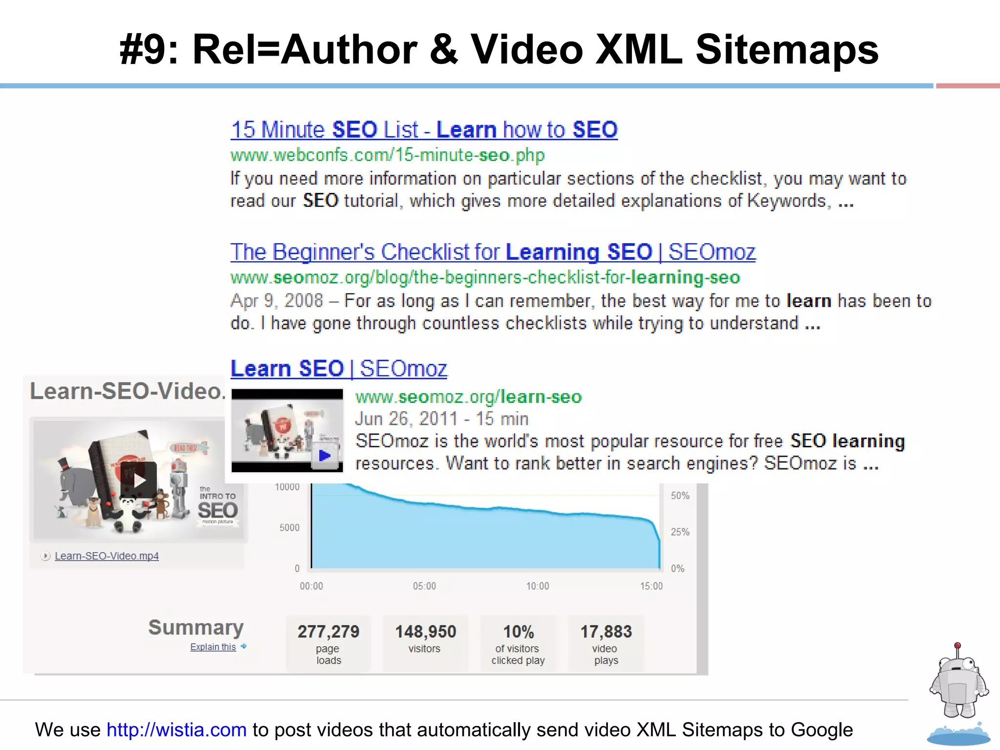R #9: Rel=Author & Video XML Sitemaps We use  http://wistia.com  to post videos that automatically send video XML Sitemaps to Google 