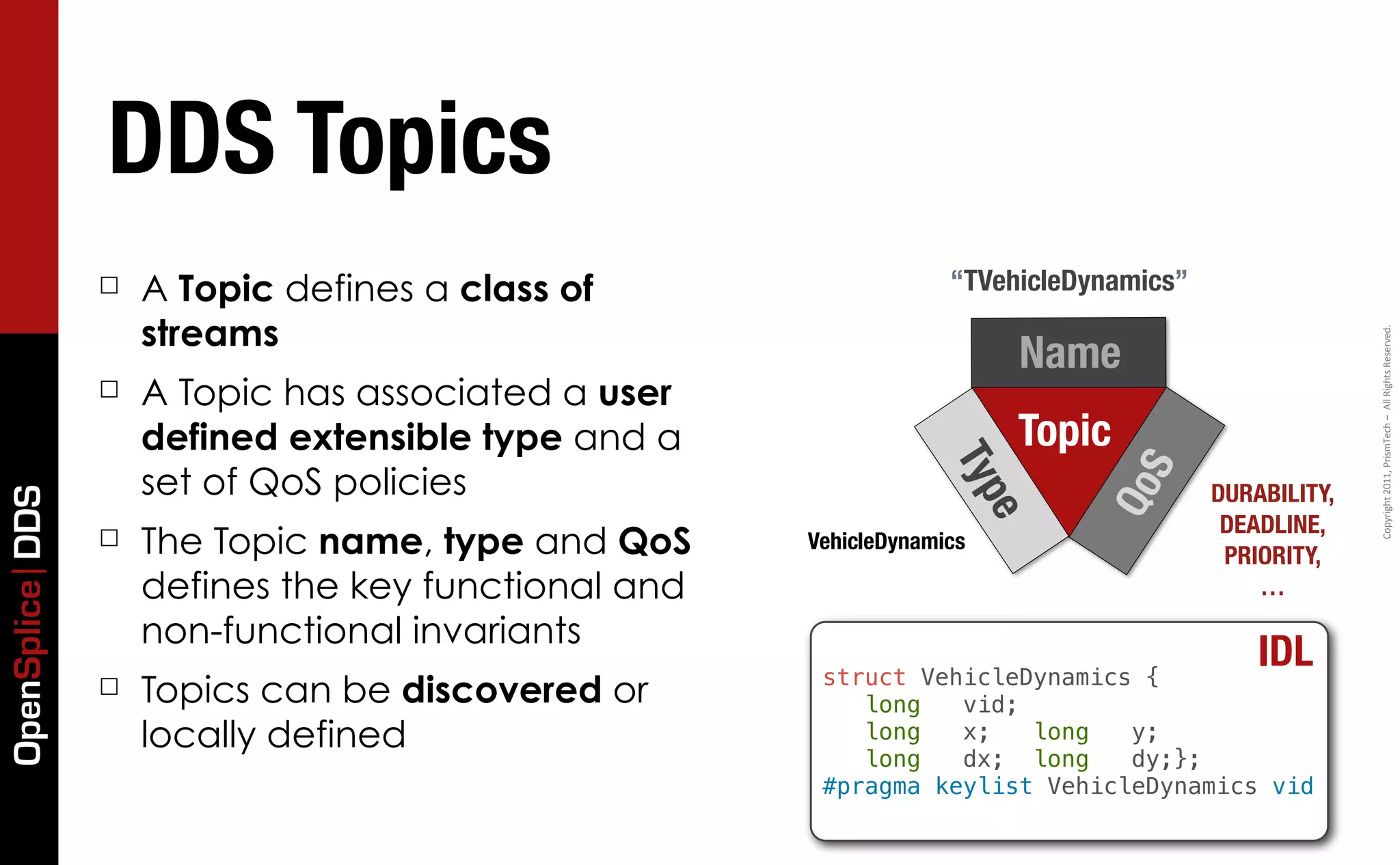DDS Topics
                 ☐   A Topic defines a class of                    “TVehicleDynamics”
                     streams




                                                                                                      Copyright	
  2011,	
  PrismTech	
  –	
  	
  All	
  Rights	
  Reserved.
                                                                        Name
                 ☐   A Topic has associated a user
                     defined extensible type and a                      Topic




                                                                   Typ
                     set of QoS policies




                                                                                S
                                                                                        DURABILITY,




                                                                              Qo
OpenSplice DDS




                                                                        e
                                                                                         DEADLINE,
                 ☐   The Topic name, type and QoS     VehicleDynamics
                                                                                         PRIORITY,
                     defines the key functional and                                         …
                     non-functional invariants
                                                       struct VehicleDynamics {
                                                                                            IDL
                 ☐   Topics can be discovered or          long   vid;
                     locally defined                      long   x;   long   y;
                                                          long   dx; long    dy;};
                                                       #pragma keylist VehicleDynamics vid
 