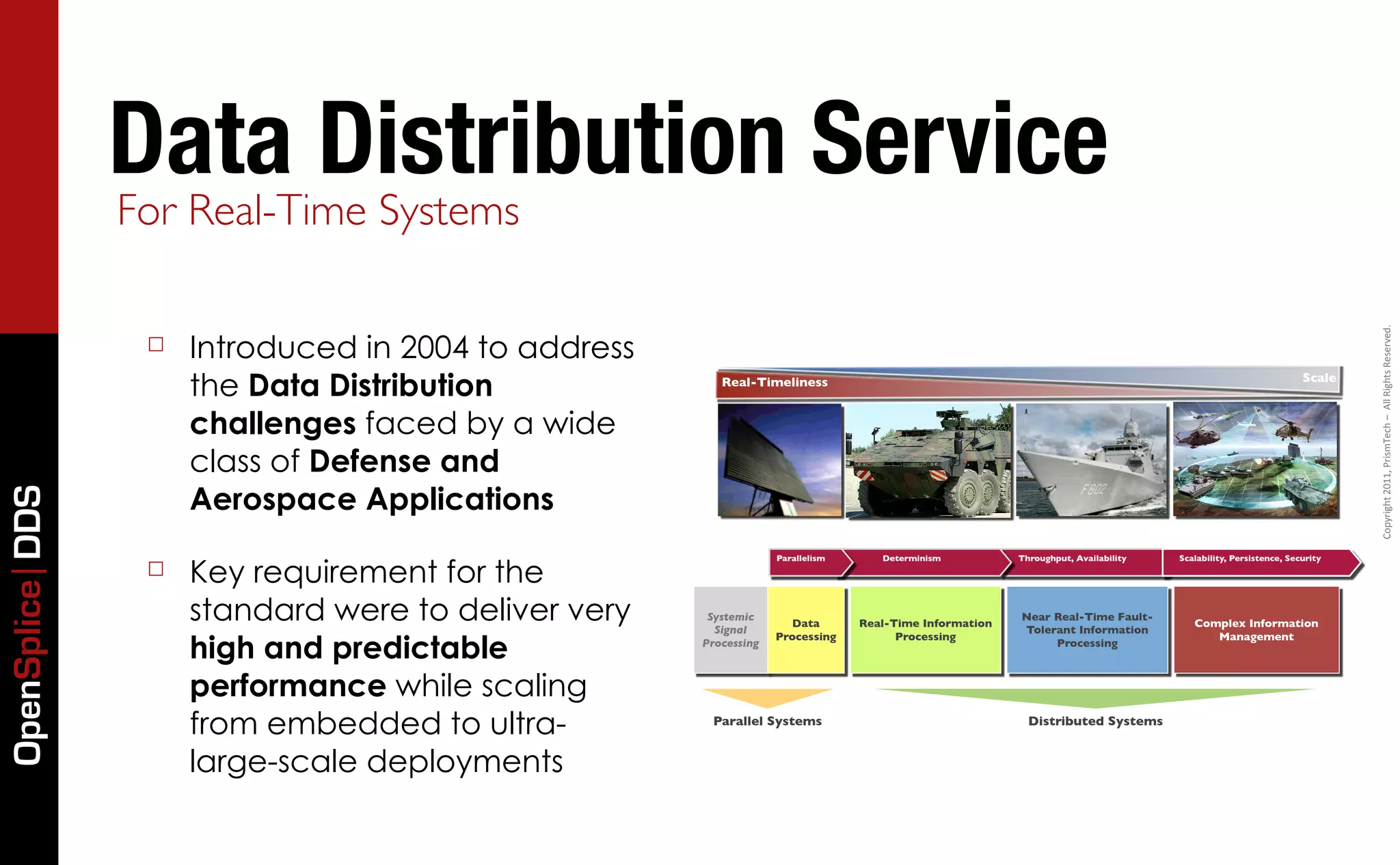 Data Distribution Service
                 For Real-Time Systems




                                                                                                                                                                         Copyright	
  2011,	
  PrismTech	
  –	
  	
  All	
  Rights	
  Reserved.
                  ☐   Introduced in 2004 to address
                      the Data Distribution              Real-Timeliness                                                                                         Scale


                      challenges faced by a wide
                      class of Defense and
                      Aerospace Applications
OpenSplice DDS




                      Key requirement for the
                                                                   Parallelism      Determinism          Throughput, Availability   Scalability, Persistence, Security
                  ☐
                      standard were to deliver very    Systemic
                                                        Signal
                                                                     Data        Real-Time Information
                                                                                                         Near Real-Time Fault-
                                                                                                         Tolerant Information
                                                                                                                                       Complex Information

                      high and predictable
                                                                   Processing          Processing                                         Management
                                                      Processing                                              Processing



                      performance while scaling
                      from embedded to ultra-          Parallel Systems                                    Distributed Systems


                      large-scale deployments
 