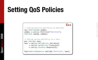Setting QoS Policies




                                                                            Copyright	
  2011,	
  PrismTech	
  –	
  	
  All	
  Rights	
  Reserved.
                                                                      C++
                       // Setting Partition QoS-Policy on Publisher
                       qos::PublisherQos pubQos;
                       pubQos << policy::Partition("Partition");
                       Publisher pub(dp, pubQoS);
OpenSplice DDS




                      // Setting various QoS-Policy on a Topic
                      qos::TopicQos tqos;
                      tqos << policy::Reliability::Reliable()
                           << policy::Durability::Transient()
                           << policy::History::KeepLast(5);

                      Topic<VehicleDynamics> topic(dp,"Partition", tqos);
 