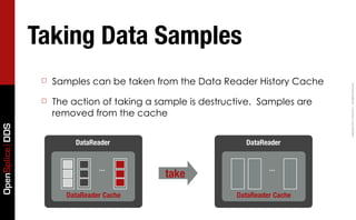 Taking Data Samples
                  ☐   Samples can be taken from the Data Reader History Cache




                                                                                  Copyright	
  2011,	
  PrismTech	
  –	
  	
  All	
  Rights	
  Reserved.
                  ☐   The action of taking a sample is destructive. Samples are
                      removed from the cache
OpenSplice DDS




                           DataReader                           DataReader


                                  ...                                  ...
                                              take
                         DataReader Cache                     DataReader Cache
 
