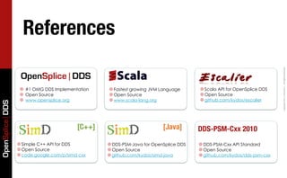 References




                                                                                                                         Copyright	
  2011,	
  PrismTech	
  –	
  	
  All	
  Rights	
  Reserved.
                  OpenSplice | DDS                                                     Escalier
                  ¥ #1 OMG DDS Implementation    ¥ Fastest growing JVM Language      ¥ Scala API for OpenSplice DDS
                  ¥ Open Source                  ¥ Open Source                       ¥ Open Source
                  ¥ www.opensplice.org           ¥ www.scala-lang.org                ¥ github.com/kydos/escalier
OpenSplice DDS




                                          [C++]                           [Java]       DDS-PSM-Cxx 2010
                 ¥ Simple C++ API for DDS        ¥ DDS-PSM-Java for OpenSplice DDS   ¥ DDS-PSM-Cxx API Standard
                 ¥ Open Source                   ¥ Open Source                       ¥ Open Source
                 ¥ code.google.com/p/simd-cxx    ¥ github.com/kydos/simd-java        ¥ github.com/kydos/dds-psm-cxx
 