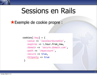 Sessions en Rails
                 ★Exemple de cookie propre :




                                               23
Sunday, March 4, 12
 