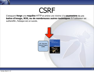 CSRF
          L’attaquant forge une requête HTTP et amène une victime à la soumettre via une
          balise d’image, XSS, ou de nombreuses autres techniques. Si l’utilisateur est
          authentiﬁé , l’attaque est un succès.




                                          A5	
  -­‐	
  Cross	
  site	
  
                                         Request	
  Forgery	
  
                                                  (CSRF)




                                                                                           30
Sunday, March 4, 12
 