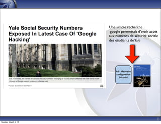 Une simple recherche
                       google permettait d’avoir accès
                      aux numéros de sécurité sociale
                      des étudiants de Yale




                          A6	
  -­‐	
  Mauvaise	
  
                          conﬁgura*on	
  
                              Sécurité




                                                      35
Sunday, March 4, 12
 