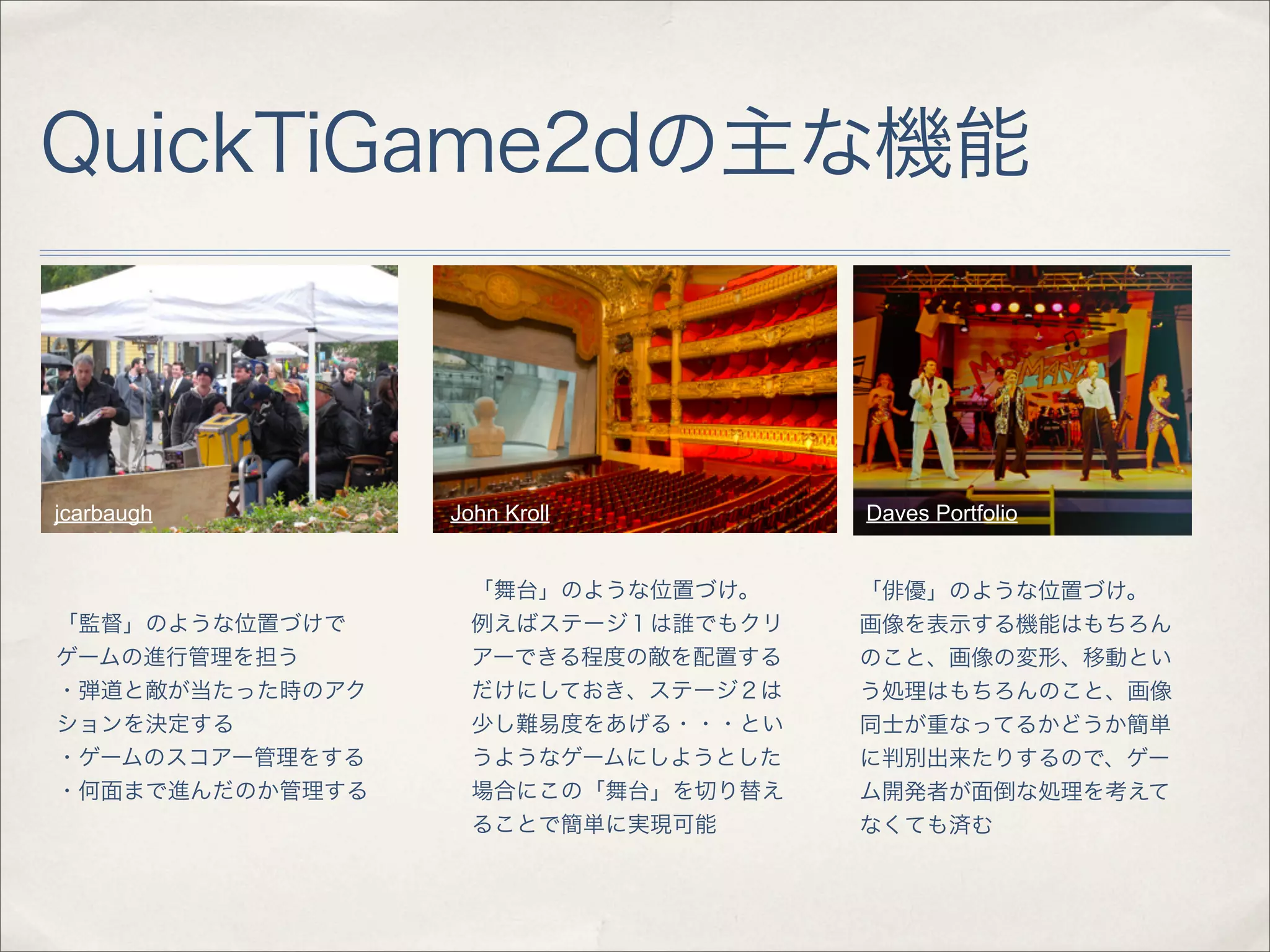 QuickTiGame2dの主な機能



jcarbaugh        John Kroll         Daves Portfolio


                   「舞台」のような位置づけ。    「俳優」のような位置づけ。
「監督」のような位置づけで      例えばステージ１は誰でもクリ   画像を表示する機能はもちろん
ゲームの進行管理を担う        アーできる程度の敵を配置する   のこと、画像の変形、移動とい
・弾道と敵が当たった時のアク     だけにしておき、ステージ２は   う処理はもちろんのこと、画像
ションを決定する           少し難易度をあげる・・・とい   同士が重なってるかどうか簡単
・ゲームのスコアー管理をする     うようなゲームにしようとした   に判別出来たりするので、ゲー
・何面まで進んだのか管理する     場合にこの「舞台」を切り替え   ム開発者が面倒な処理を考えて
                   ることで簡単に実現可能      なくても済む
 