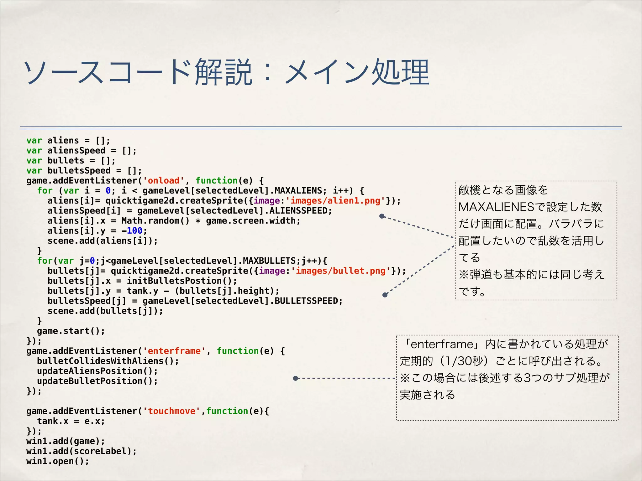 ソースコード解説：メイン処理

var aliens = [];
var aliensSpeed = [];
var bullets = [];
var bulletsSpeed = [];
game.addEventListener('onload', function(e) {
  for (var i = 0; i < gameLevel[selectedLevel].MAXALIENS; i++) {                敵機となる画像を
    aliens[i]= quicktigame2d.createSprite({image:'images/alien1.png'});
    aliensSpeed[i] = gameLevel[selectedLevel].ALIENSSPEED;                      MAXALIENESで設定した数
    aliens[i].x = Math.random() * game.screen.width;                            だけ画面に配置。バラバラに
    aliens[i].y = -100;
    scene.add(aliens[i]);                                                       配置したいので乱数を活用し
  }
  for(var j=0;j<gameLevel[selectedLevel].MAXBULLETS;j++){                       てる
    bullets[j]= quicktigame2d.createSprite({image:'images/bullet.png'});
    bullets[j].x = initBulletsPostion();
                                                                                ※弾道も基本的には同じ考え
    bullets[j].y = tank.y - (bullets[j].height);                                です。
    bulletsSpeed[j] = gameLevel[selectedLevel].BULLETSSPEED;
    scene.add(bullets[j]);
  }
  game.start();
});                                                                    「enterframe」内に書かれている処理が
game.addEventListener('enterframe', function(e) {
  bulletCollidesWithAliens();                                          定期的（1/30秒）ごとに呼び出される。
  updateAliensPosition();
  updateBulletPosition();                                              ※この場合には後述する3つのサブ処理が
});
                                                             実施される
game.addEventListener('touchmove',function(e){
  tank.x = e.x;
});
win1.add(game);
win1.add(scoreLabel);
win1.open();
 