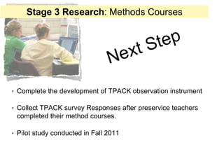 Stage 3 Research: Methods Courses




‣ Complete the development of TPACK observation instrument

‣ Collect TPACK survey Responses after preservice teachers
 completed their method courses.

‣ Pilot study conducted in Fall 2011
 