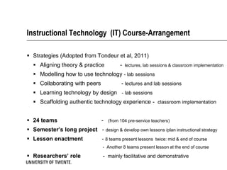 Instructional Technology (IT) Course-Arrangement

 Strategies (Adopted from Tondeur et al, 2011)
   Aligning theory & pr...