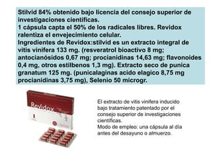 Stilvid 84% obtenido bajo licencia del consejo superior de
investigaciones científicas.
1 cápsula capta el 50% de los radicales libres. Revidox
ralentiza el envejecimiento celular.
Ingredientes de Revidox:stilvid es un extracto integral de
vitis vinifera 133 mg. (resveratrol bioactivo 8 mg;
antocianósidos 0,67 mg; procianidinas 14,63 mg; flavonoides
0,4 mg, otros estilbenos 1,3 mg). Extracto seco de punica
granatum 125 mg. (punicalaginas acido elagico 8,75 mg
procianidinas 3,75 mg), Selenio 50 microgr.
El extracto de vitis vinifera inducido
bajo tratamiento patentado por el
consejo superior de investigaciones
científicas.
Modo de empleo: una cápsula al día
antes del desayuno o almuerzo.
 