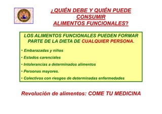 ¿QUIÉN DEBE Y QUIÉN PUEDE
CONSUMIR
ALIMENTOS FUNCIONALES?
LOS ALIMENTOS FUNCIONALES PUEDEN FORMAR
PARTE DE LA DIETA DE CUALQUIER PERSONA.
• Embarazadas y niños
• Estados carenciales
• Intolerancias a determinados alimentos
• Personas mayores.
• Colectivos con riesgos de determinadas enfermedades
Revolución de alimentos: COME TU MEDICINA
 
