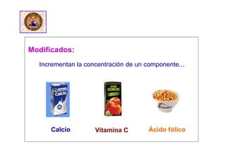Modificados:
Incrementan la concentración de un componente...
Vitamina CCalcio Ácido fólico
 