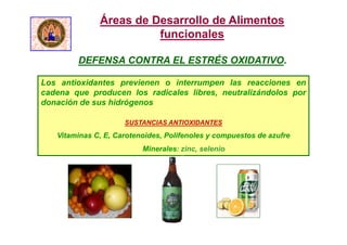 Los antioxidantes previenen o interrumpen las reacciones en
cadena que producen los radicales libres, neutralizándolos por
donación de sus hidrógenos
SUSTANCIAS ANTIOXIDANTES
Vitaminas C, E, Carotenoides, Polifenoles y compuestos de azufre
Minerales: zinc, selenio
DEFENSA CONTRA EL ESTRÉS OXIDATIVO.
Áreas de Desarrollo de Alimentos
funcionales
 