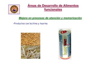 Mejora en procesos de atención y memorización
•Productos con lecitina y taurina
Áreas de Desarrollo de Alimentos
funcionales
 