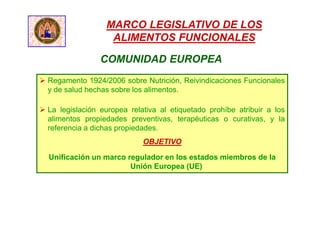 COMUNIDAD EUROPEA
MARCO LEGISLATIVO DE LOS
ALIMENTOS FUNCIONALES
 Regamento 1924/2006 sobre Nutrición, Reivindicaciones Funcionales
y de salud hechas sobre los alimentos.
 La legislación europea relativa al etiquetado prohíbe atribuir a los
alimentos propiedades preventivas, terapéuticas o curativas, y la
referencia a dichas propiedades.
OBJETIVO
Unificación un marco regulador en los estados miembros de la
Unión Europea (UE)
 