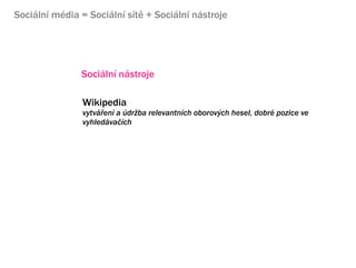 Sociln mdia = Sociln st + Sociln nstroje




               Sociln nstroje

                Wikipedia
                vytv?en a dr?ba relevantnch oborov?ch hesel, dobr pozice ve
                vyhledva?ch
 