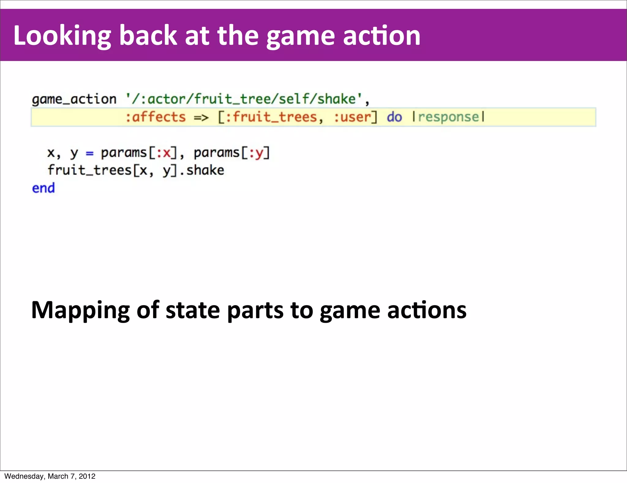 Looking  back  at  the  game  acEon




      Mapping  of  state  parts  to  game  acEons




Wednesday, March 7, 2012
 