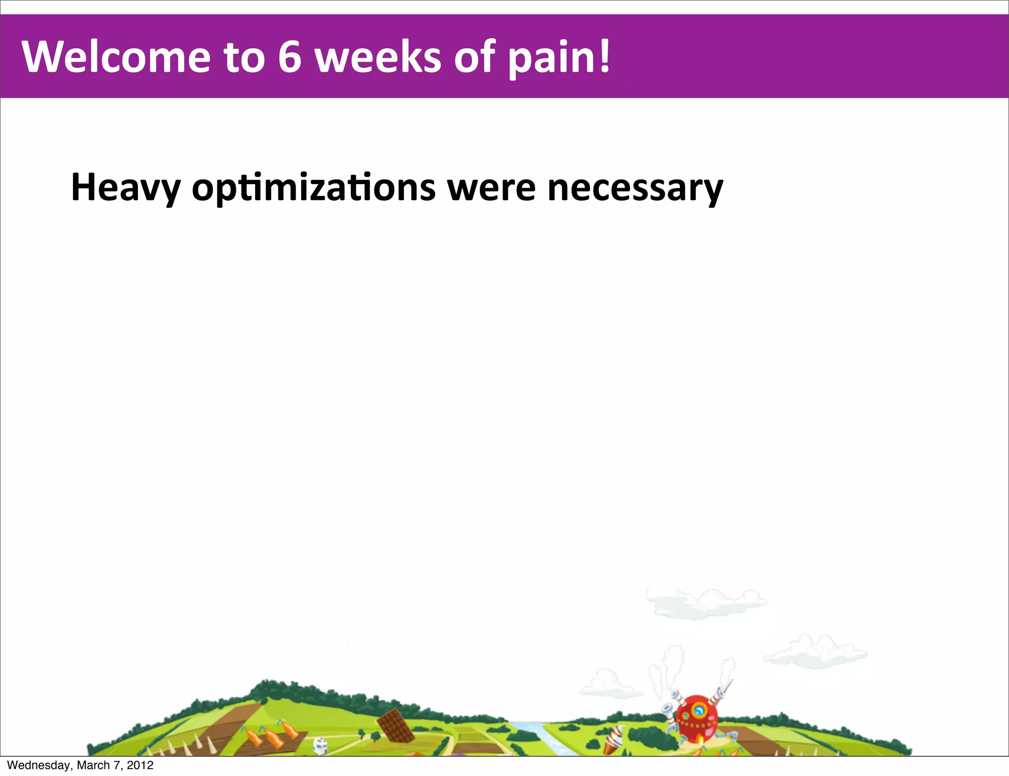 Welcome  to  6  weeks  of  pain!

          Heavy  opEmizaEons  were  necessary




Wednesday, March 7, 2012
 