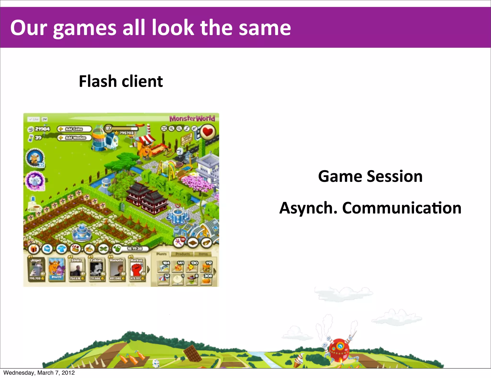 Our  games  all  look  the  same

                           Flash  client




                                               Game  Session
                                           Asynch.  CommunicaEon




Wednesday, March 7, 2012
 