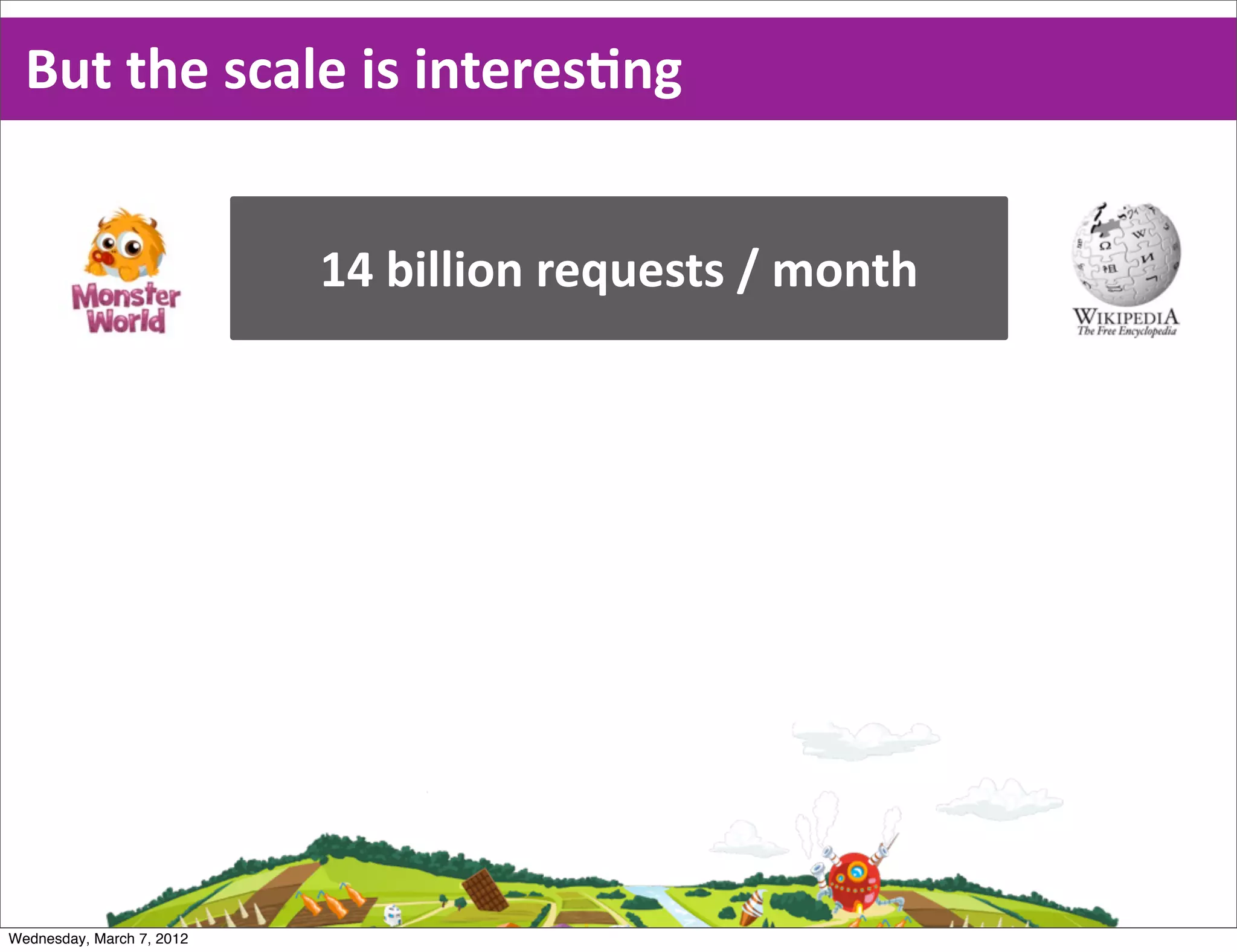 But  the  scale  is  interesEng


                           14  billion  requests  /  month




Wednesday, March 7, 2012
 