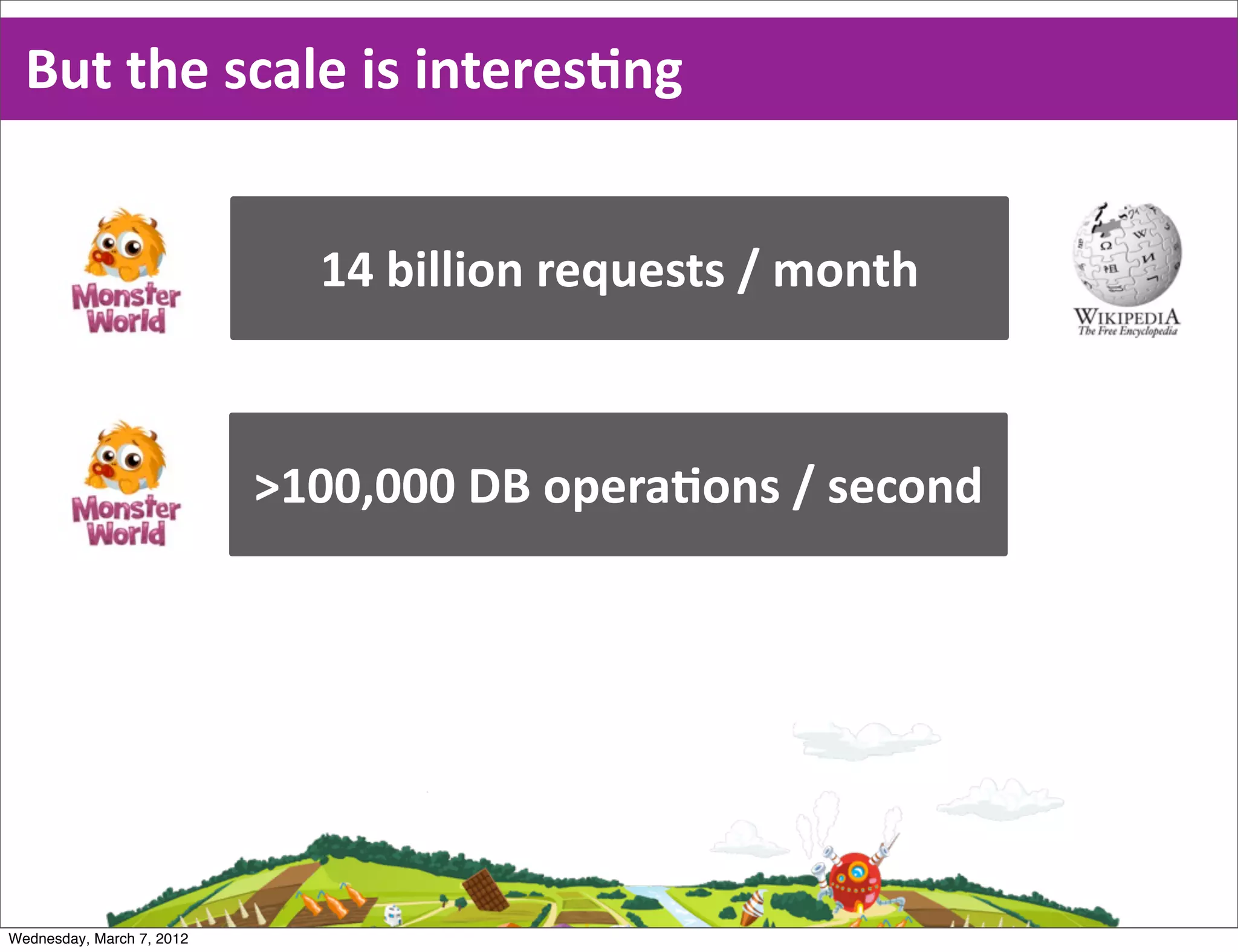 But  the  scale  is  interesEng


                              14  billion  requests  /  month



                           >100,000  DB  operaEons  /  second




Wednesday, March 7, 2012
 