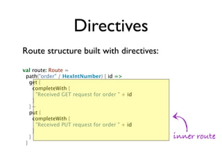 Directives
Route structure built with directives:

val route: Route =
 path("order" / HexIntNumber) { id =>
   get {
     ...