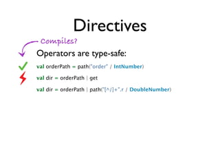 Directives
 Compiles?
Operators are type-safe:
val orderPath = path("order" / IntNumber)

val dir = orderPath | get

val d...
